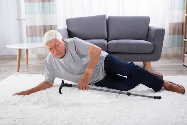 Senior Man Fallen Carpet Walking Stick — Stock Photo, Image