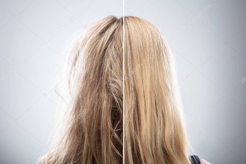 Woman's Hair Before And After Hair Straightening On Grey Background