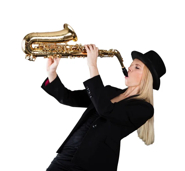 Ung Kvinna Som Spelar Saxofon Vit Bakgrund — Stockfoto