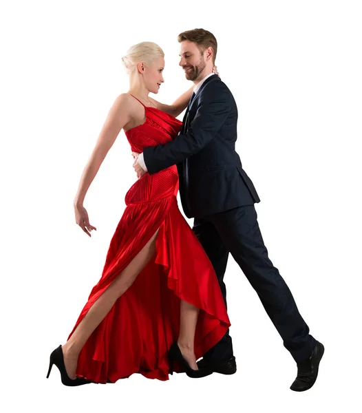 Seitenansicht Eines Jungen Paares Das Auf Weißem Hintergrund Tanzt — Stockfoto