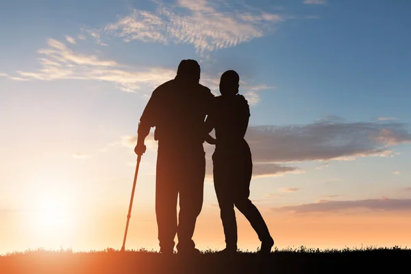 Silueta Mujer Ayudando Padre Discapacitado Caminar Parque Atardecer —  Fotos de Stock