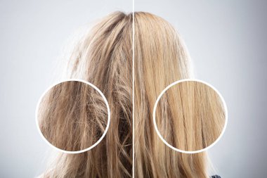 Woman's Hair Before And After Hair Straightening On Grey Background