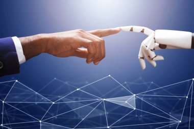 Robot parmağı fütüristik arka plan üzerinde dokunmadan işadamı