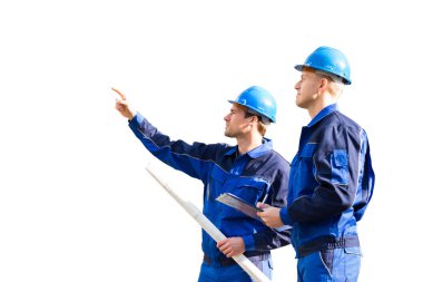 Bir şey onun ortağı beyaz arka plan üzerinde gösterilen erkek mimar