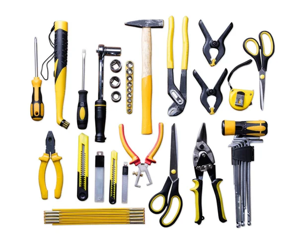 Upphöjd Syn Olika Construction Tools Vit Bakgrund — Stockfoto