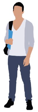 Beyaz arka plan üzerinde duran sırt çantası ile bir öğrenci portresi