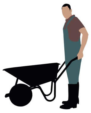 El arabası ile erkek bahçıvan yan görünüm