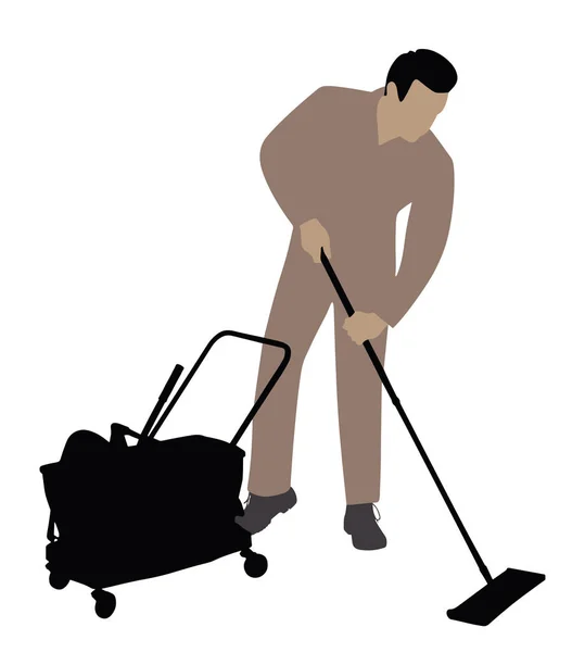 Illustration Male Cleaner Cleaning Floor Mop White Background — Stock Vector