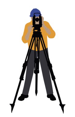 Teodolit ile beyaz arka plan üzerinde çalışan bir erkek arazi Surveyor çizimi