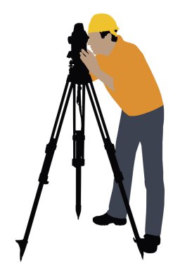 Teodolit ile beyaz arka plan üzerinde çalışan bir erkek arazi Surveyor çizimi