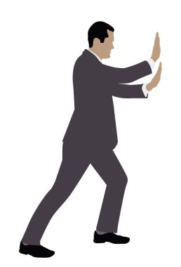 Beyaz arka plan üzerinde görünmez bir duvar iterek bir işadamı yan görünüm