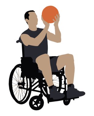 Beyaz arka plan üzerinde basketbol oynarken tekerlekli sandalyede bir adam vektör çizim