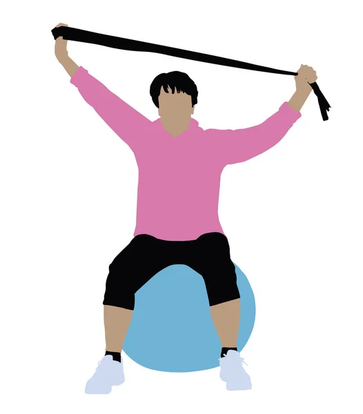 Mujer Sentada Una Pelota Fitness Haciendo Ejercicio Con Cinturón Yoga — Archivo Imágenes Vectoriales