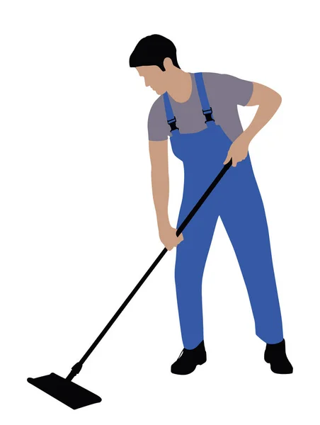 Ilustração Homem Zelador Mopping Chão Fundo Branco — Vetor de Stock