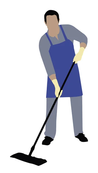 Illustration Male Janitor Cleaning Floor Mop White Background — Stock Vector