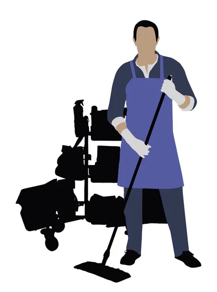 Εικονογράφηση Της Ανδρικής Επιστάτης Σφουγγαρίστρα Στέκεται Μπροστά Από Μηχανήματα Καθαρισμού — Διανυσματικό Αρχείο