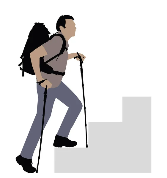 Side View Male Hiker Hiking Pole Climbing Staircase — Stock Vector