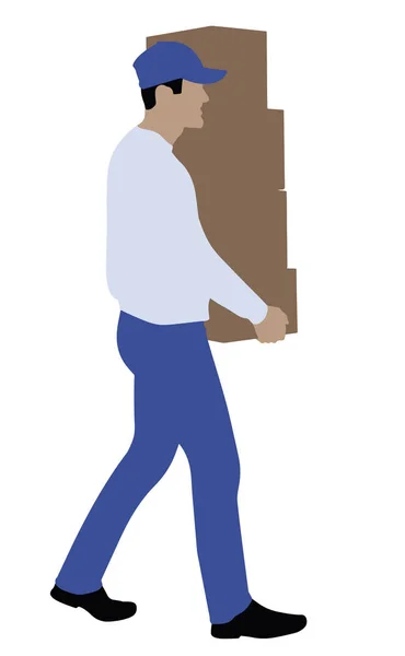 Vue Latérale Homme Livraison Portant Pile Boîtes Sur Fond Blanc — Image vectorielle