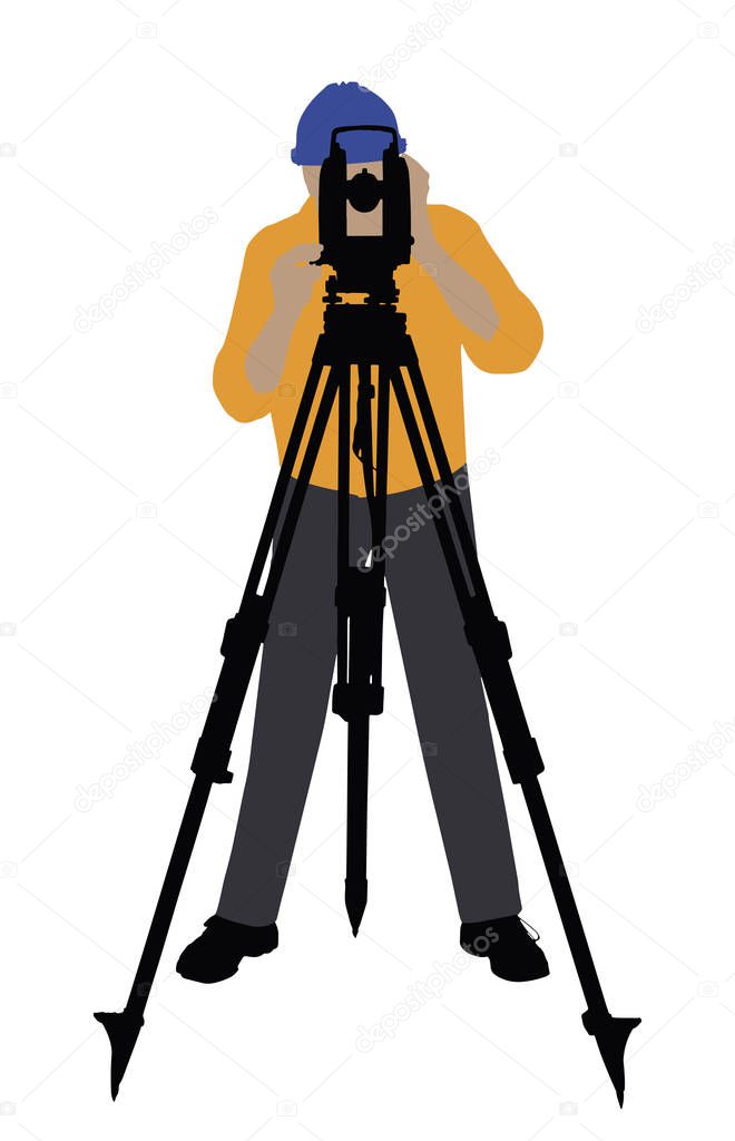 Illustration Of A Male Land Surveyor Working With Theodolite On White Background