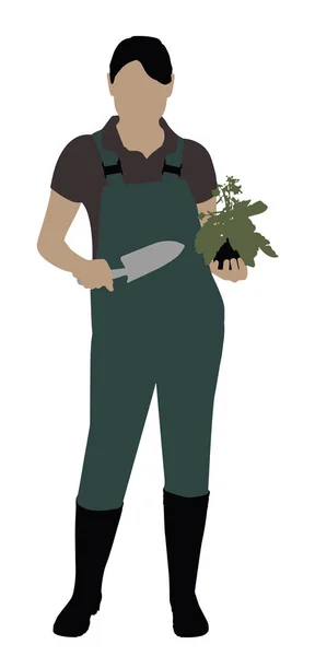 Жінка Садівник Кельмою Рослина Стоячи Білому Тлі — стоковий вектор