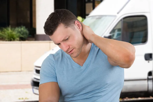 Close Young Man Suffering Neck Pain — Stok Foto