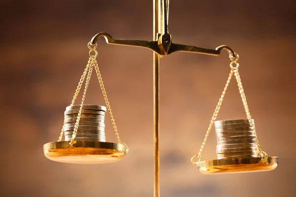 Close Golden Stacked Coins Justice Scale — Stock Photo, Image