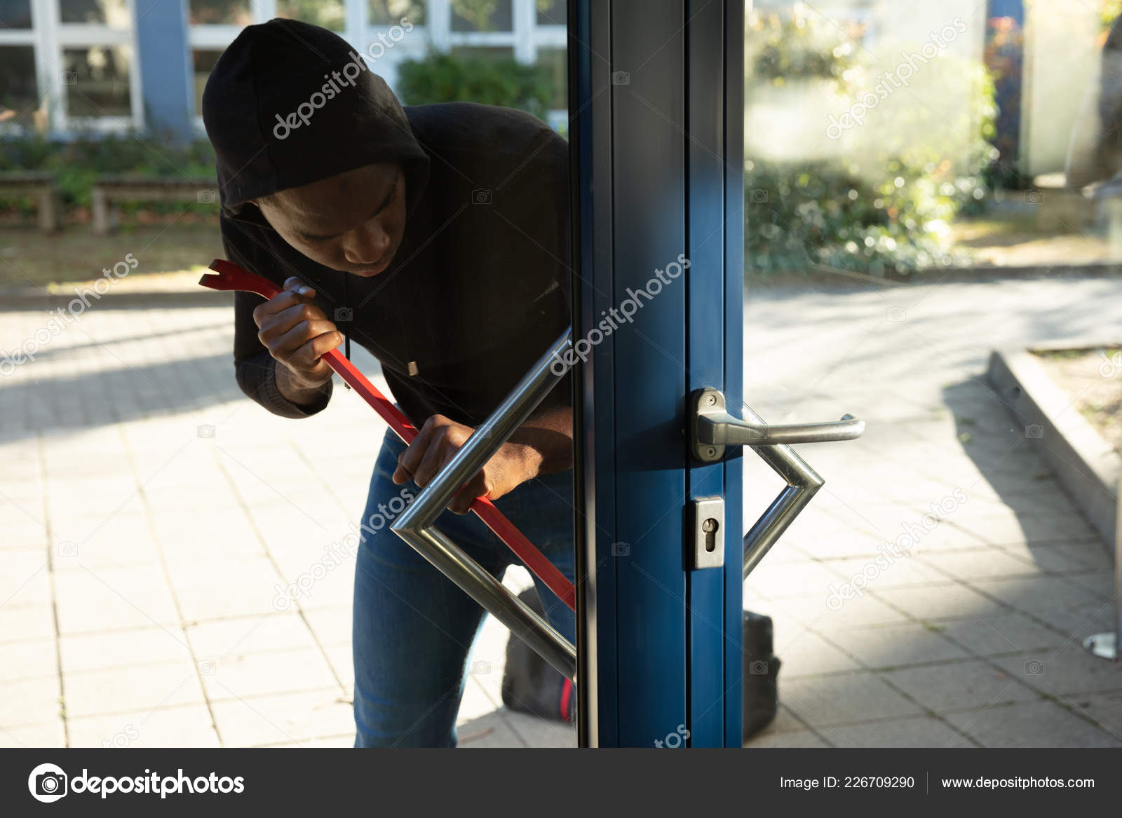 Thief Entering Home Breaking Glass Door Crowbar — Stock Photo