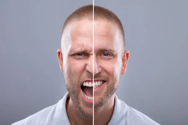 Retrato Rosto Homem Mostrando Raiva Emoções Felizes Fundo Cinza — Fotografia de Stock