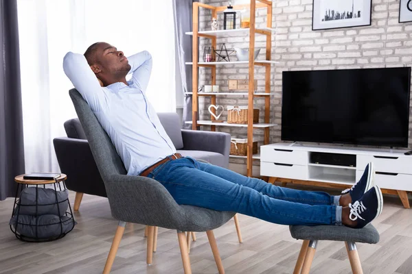 Side View Young Man Relaxing Chair Home — Stock Photo, Image