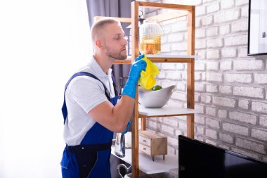 Raf içinde ev temizlik genç erkek hademe yan görünüm