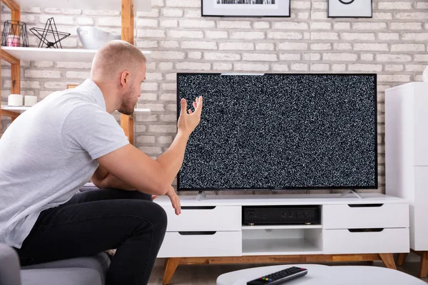 Frustrated Young Man Sitting Sofa Television Signal — Stock Photo, Image