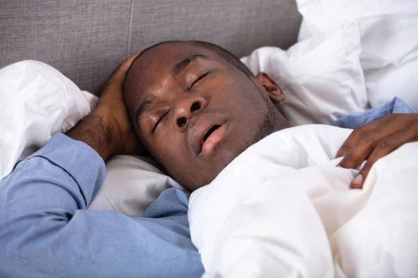 Portrait Young African Man Sleeping Bed — Stock Photo, Image