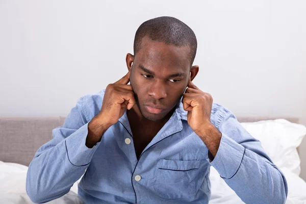 Close Young African Man Covering His Ears Finger — Stock Photo, Image