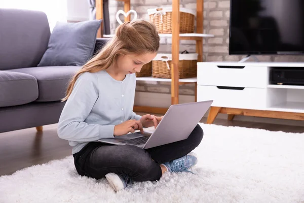Girl Sitting Carpet Using Laptop Home — Stock Photo, Image