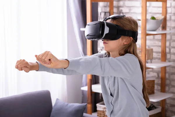Side View Girl Using Virtual Reality Headset Home — стоковое фото