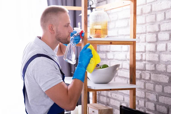 Side View Young Male Janitor Cleaning Shelf House — Stock Photo, Image