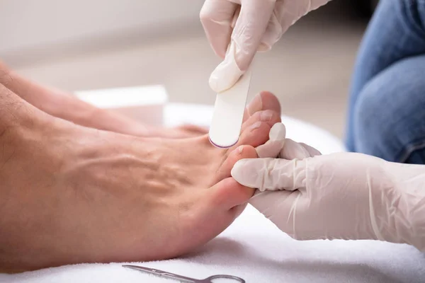 High Angle View Beautician Filling Man Nail Salon — Stock Photo, Image