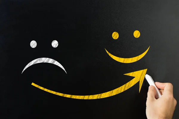 Close Man Hand Drawing Arrow Sad Happy Face Blackboard — Stock Photo, Image