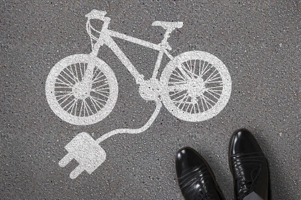 Close Person Feet Standing Next Painted Electric Bicycle Asphalt — Stock Photo, Image