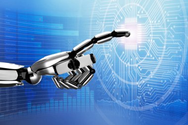 Dijital devre kartı dokunmadan bir robot el Close-Up