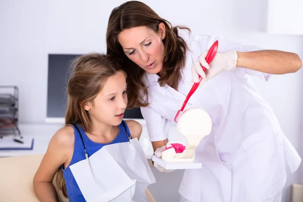 Girl Looking Female Dentist Cleaning Teeth Model Toothbrush — Stock Photo, Image