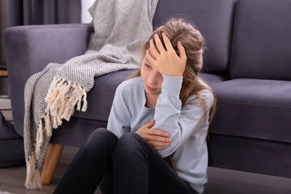 Close Depressed Girl Sitting Front Sofa — Stok Foto