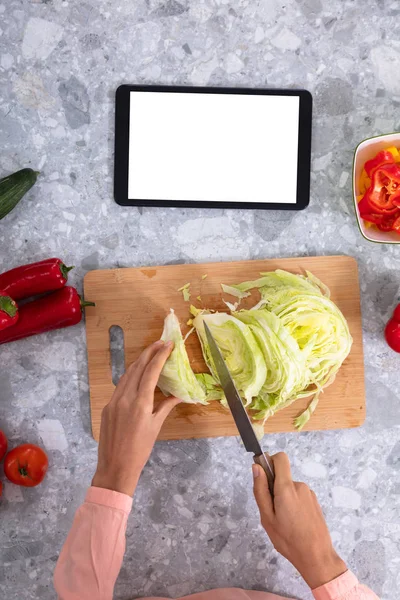 Woman Hand Cutting Cabbage Digital Tablet White Screen Kitchen Counter — Stock Photo, Image