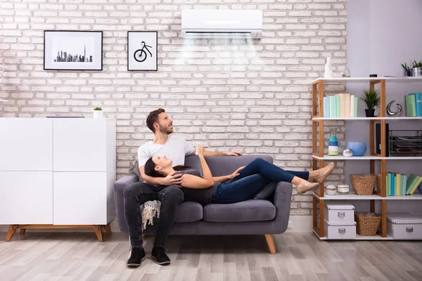 Happy Young Couple Sitting On Sofa Operating Air Conditioner At Home