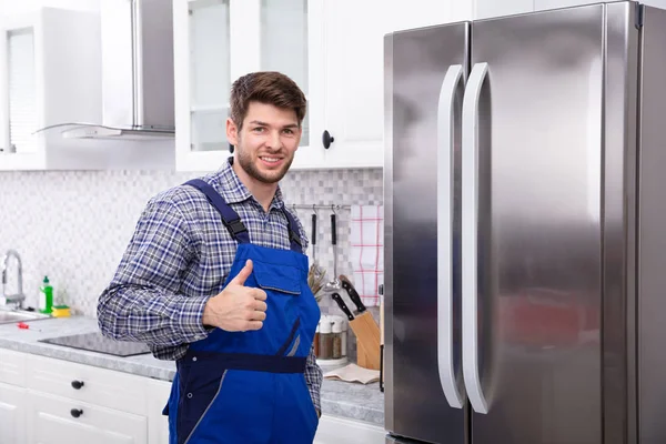 Portrait Technician Gesturing Thumbs Front Refrigerator — Stock Photo, Image