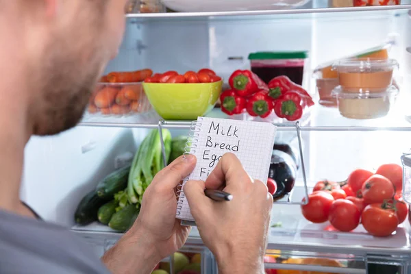 Young Man Writing Shopping List Near Open Refrigerator