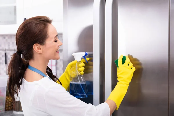Ευτυχισμένη Γυναίκα Καθαρισμού Ψυγείο Σφουγγάρι Και Μπουκάλι Ψεκασμού — Φωτογραφία Αρχείου