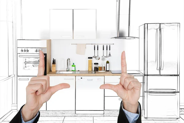 Close Architecture Hand Presenting Design Kitchen Interior — Stock Photo, Image