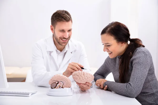 Doctor Explicando Detalles Del Cerebro Humano Mujer Feliz Con Modelo —  Fotos de Stock