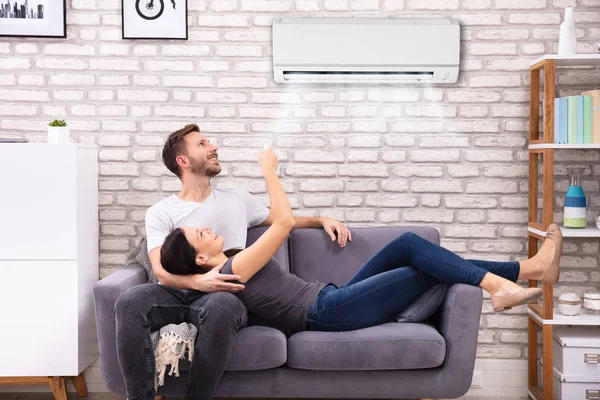Happy Young Couple Sitting On Sofa Operating Air Conditioner At Home
